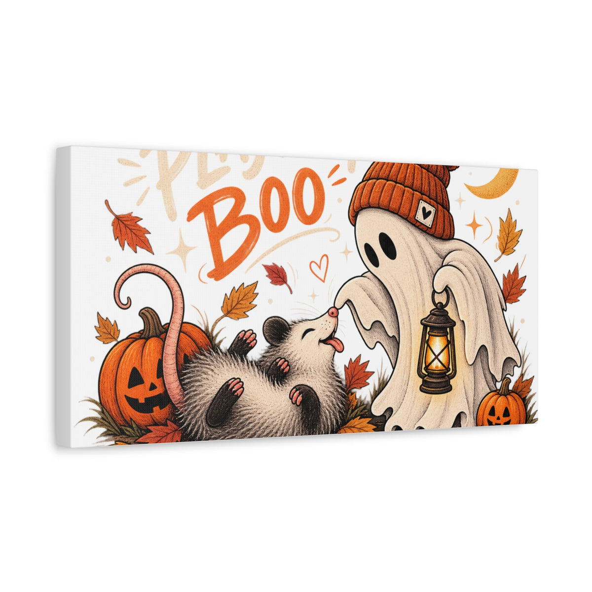 Playing Boo Canvas Wall Art — Cute Halloween Ghost & Possum Matte Stretched Print