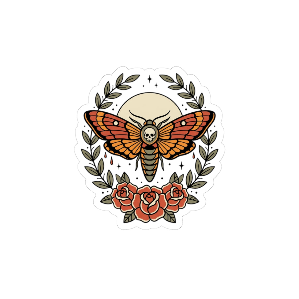 Death's-Head Moth Kiss-Cut Sticker | Traditional Tattoo Floral Flash