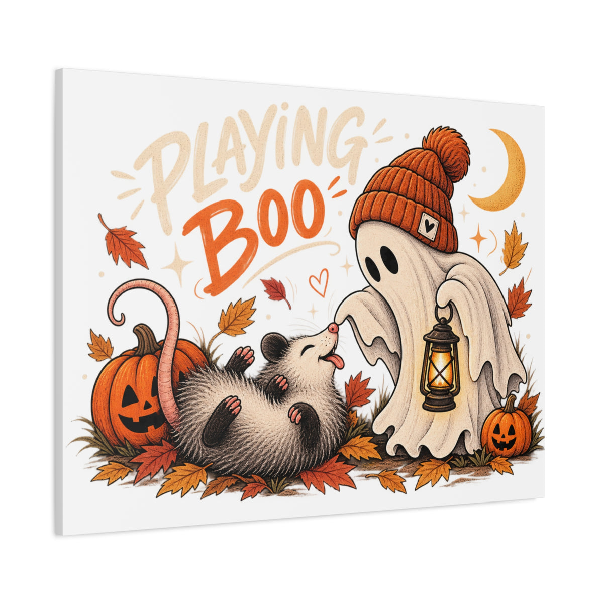 Playing Boo Canvas Wall Art — Cute Halloween Ghost & Possum Matte Stretched Print