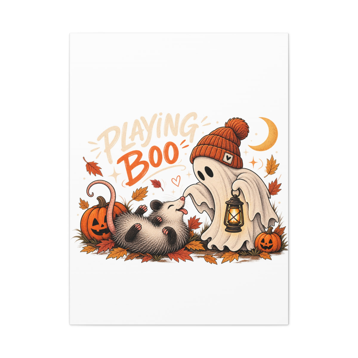 Playing Boo Canvas Wall Art — Cute Halloween Ghost & Possum Matte Stretched Print