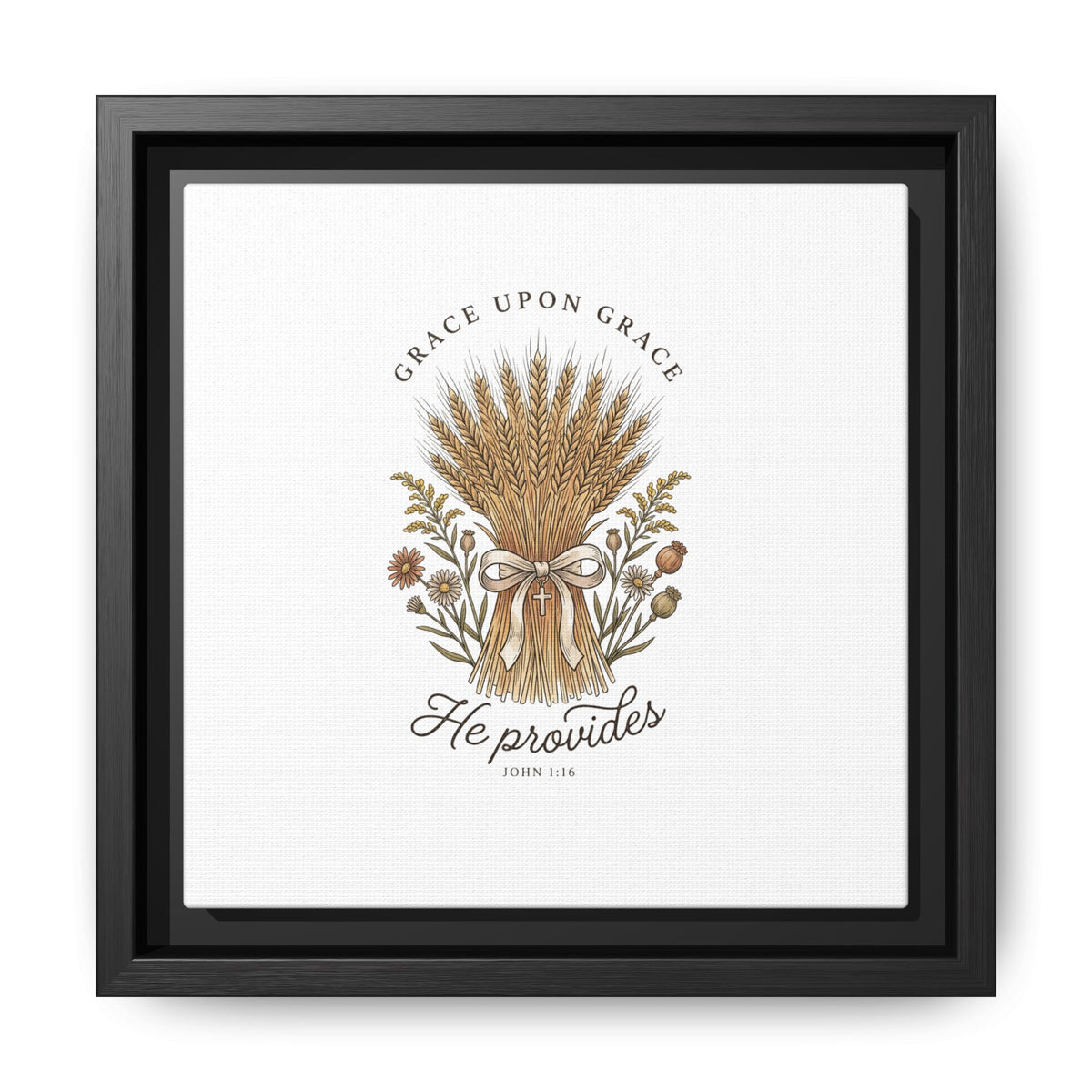 Framed Matte Canvas Wall Art — "He Provides" Wheat & Floral Religious Print