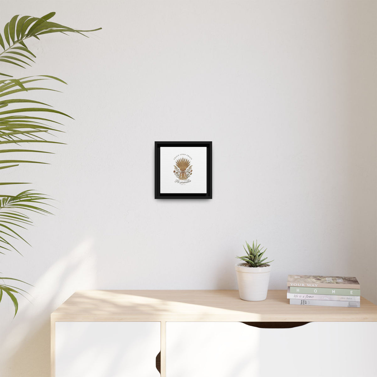 Framed Matte Canvas Wall Art — "He Provides" Wheat & Floral Religious Print