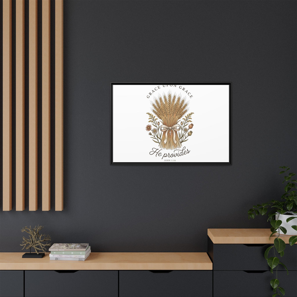 Framed Matte Canvas Wall Art — "He Provides" Wheat & Floral Religious Print