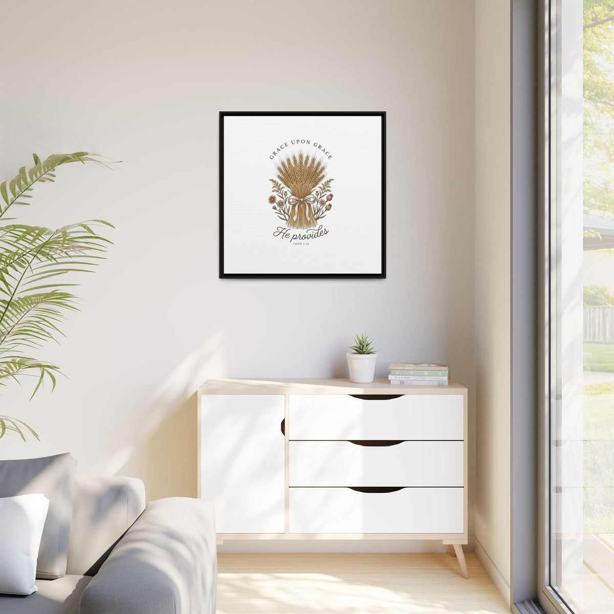 Framed Matte Canvas Wall Art — "He Provides" Wheat & Floral Religious Print