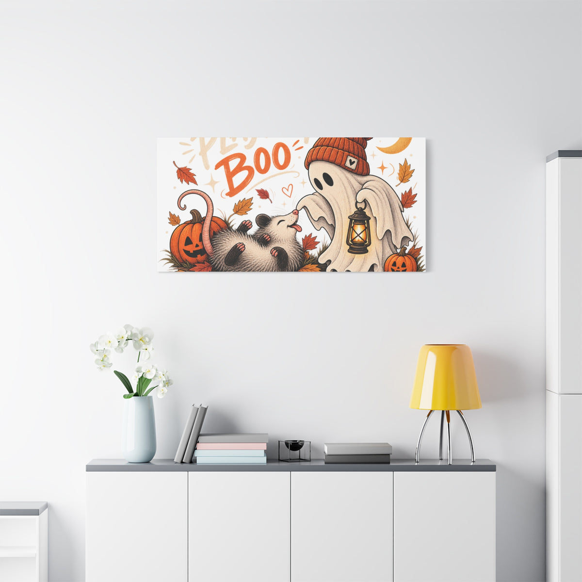 Playing Boo Canvas Wall Art — Cute Halloween Ghost & Possum Matte Stretched Print