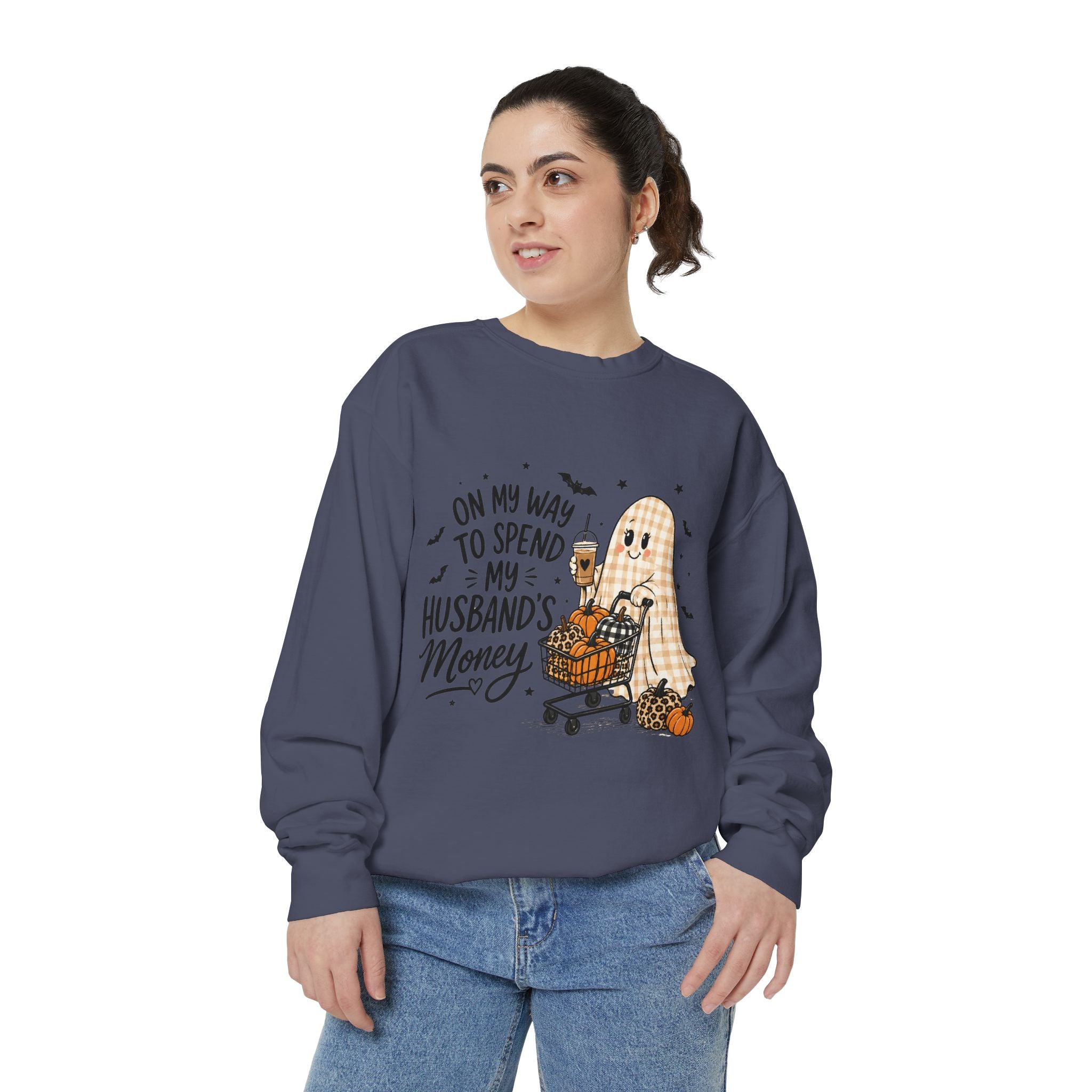 Halloween Ghost Sweatshirt — “On My Way to Spend My Husband’s Money” Cozy Pullover