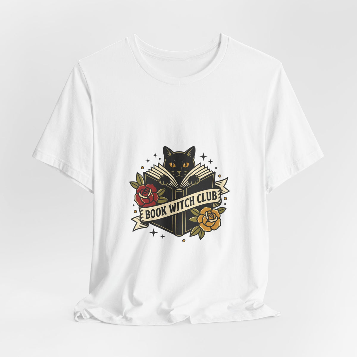 Book Witch Club tee | Traditional tattoo flash cat, roses, banner