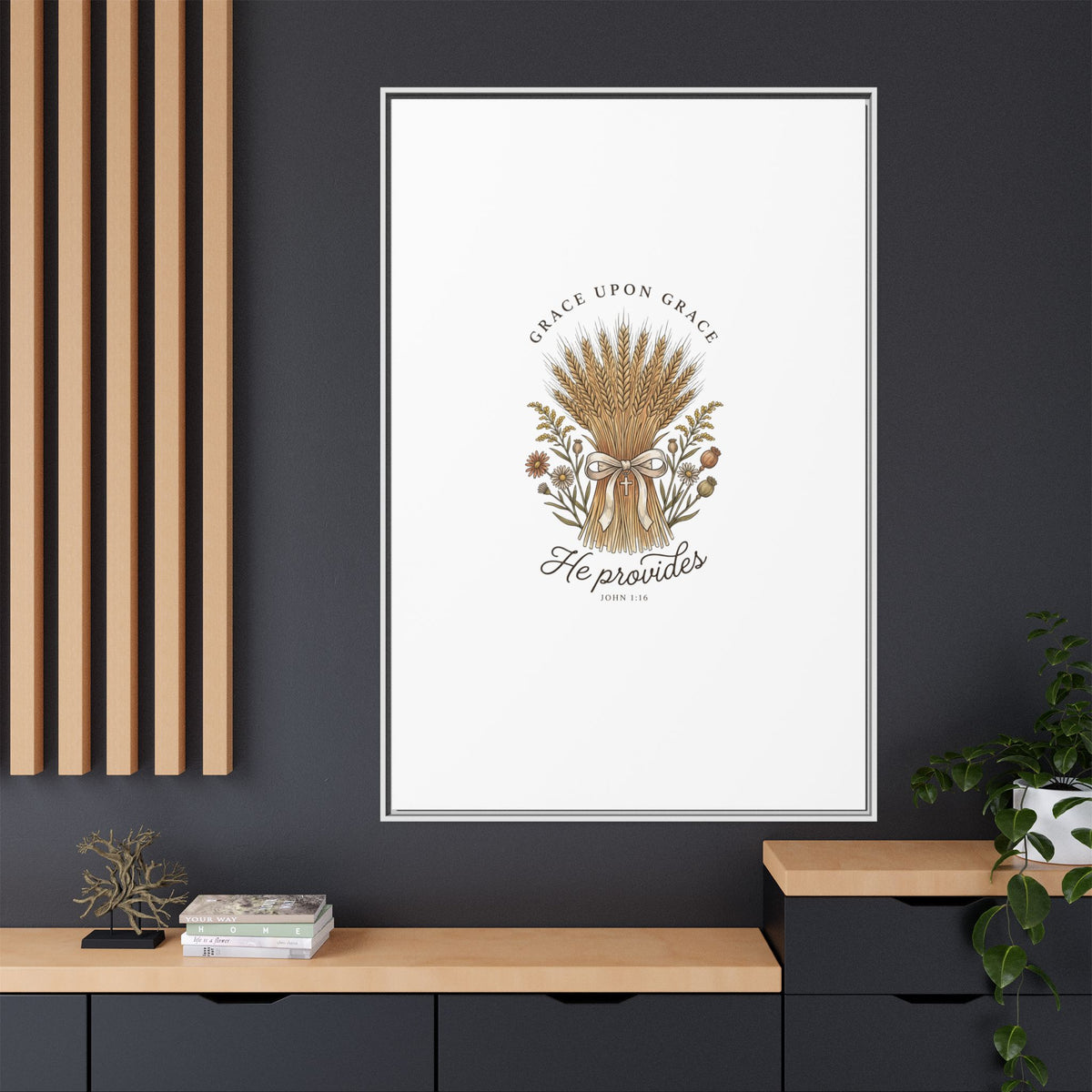 Framed Matte Canvas Wall Art — "He Provides" Wheat & Floral Religious Print
