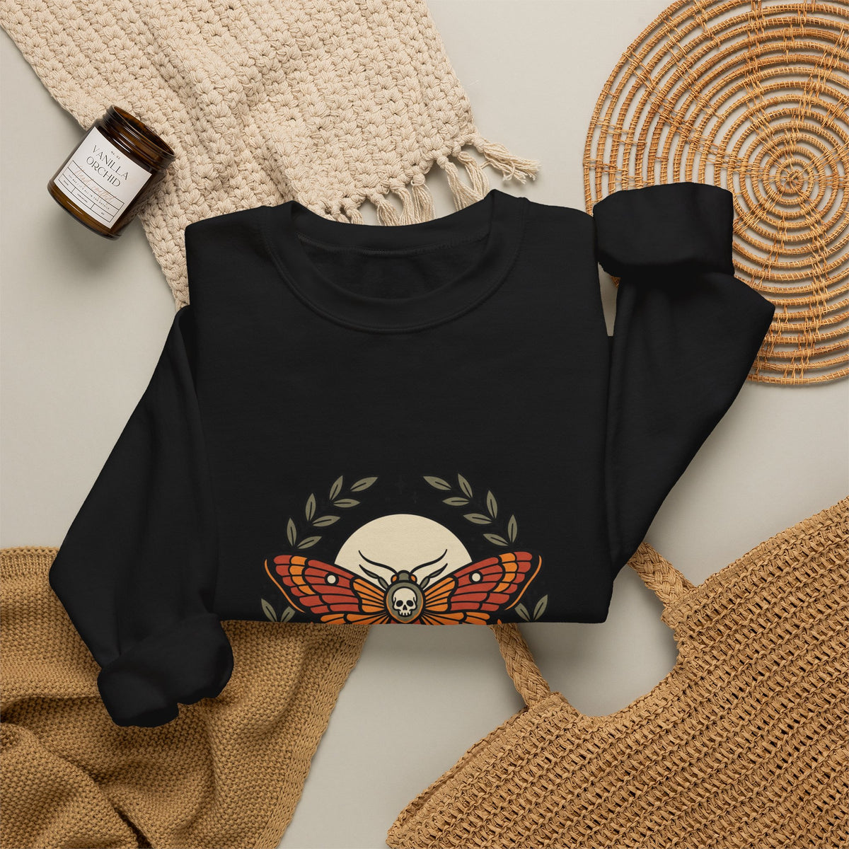 Moth & Roses Crewneck Sweatshirt | Traditional Tattoo-Inspired, Vintage Flash