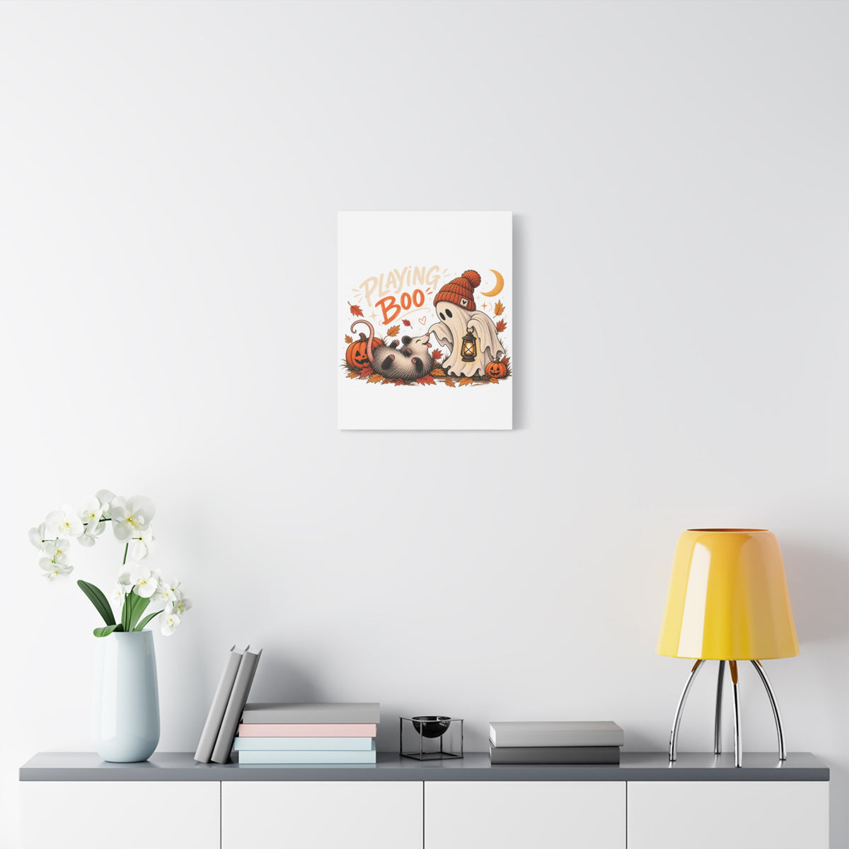 Playing Boo Canvas Wall Art — Cute Halloween Ghost & Possum Matte Stretched Print