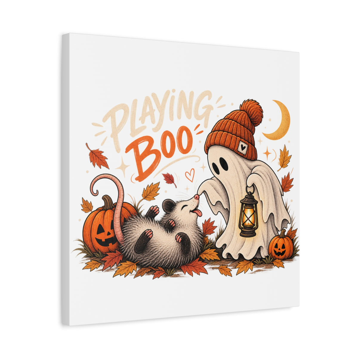 Playing Boo Canvas Wall Art — Cute Halloween Ghost & Possum Matte Stretched Print