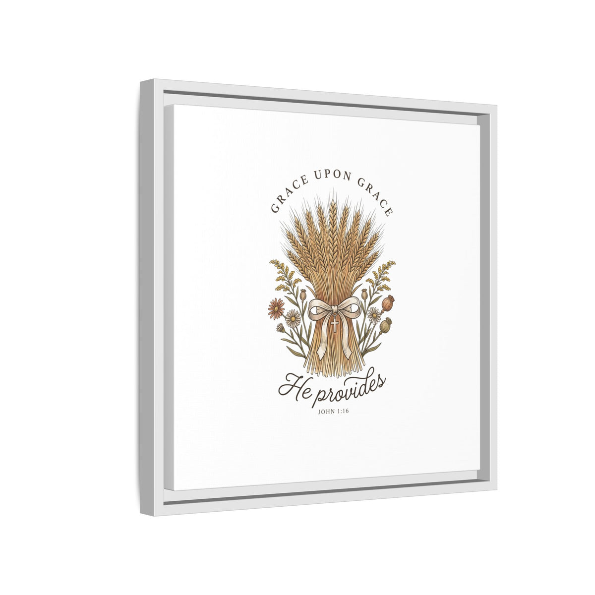 Framed Matte Canvas Wall Art — "He Provides" Wheat & Floral Religious Print