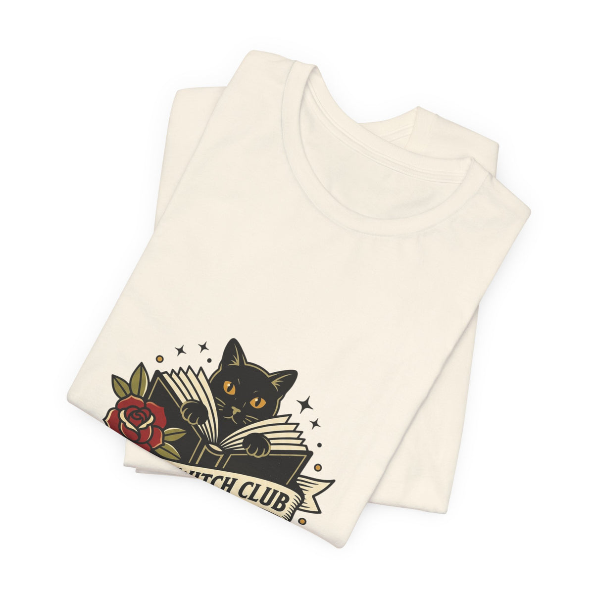 Book Witch Club tee | Traditional tattoo flash cat, roses, banner