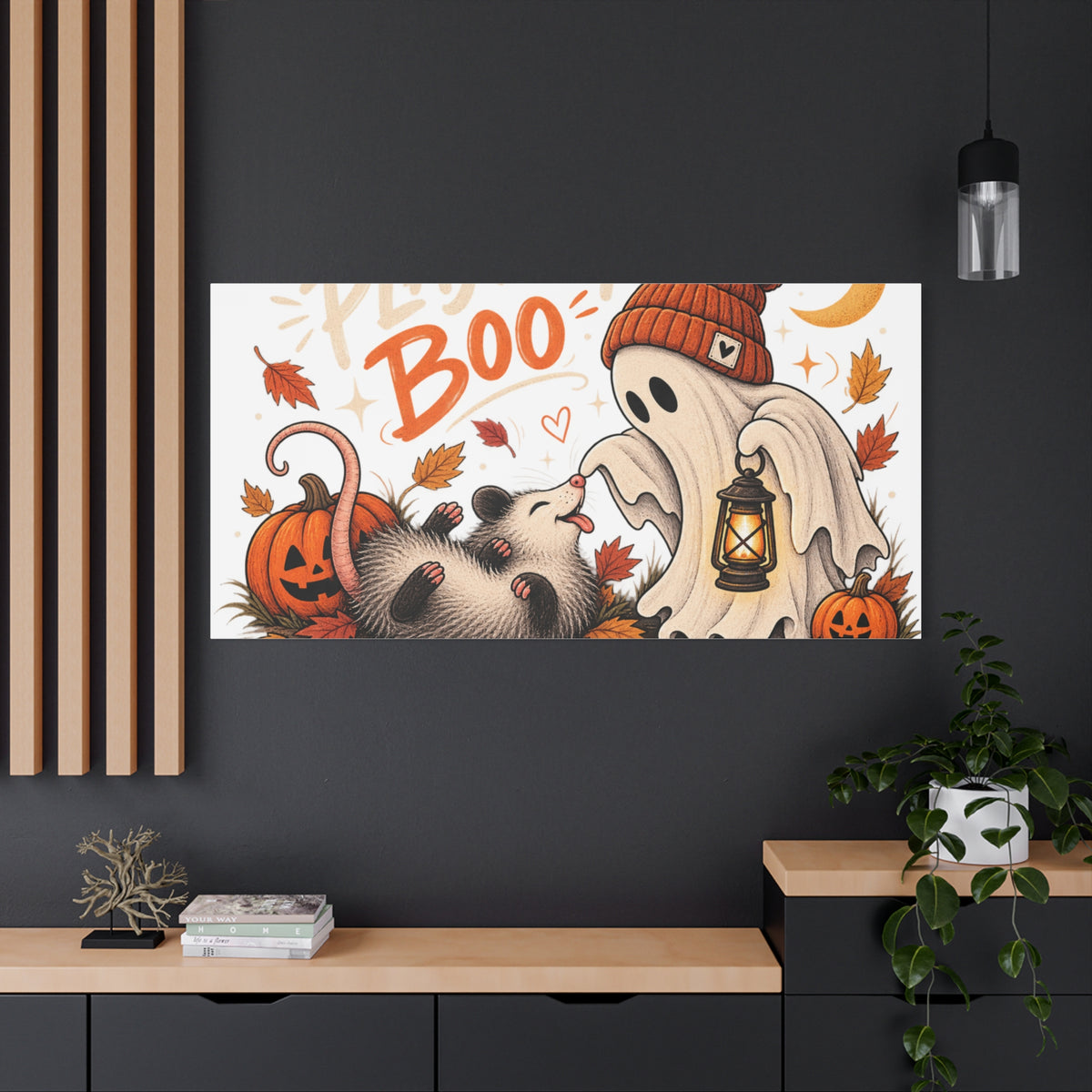 Playing Boo Canvas Wall Art — Cute Halloween Ghost & Possum Matte Stretched Print
