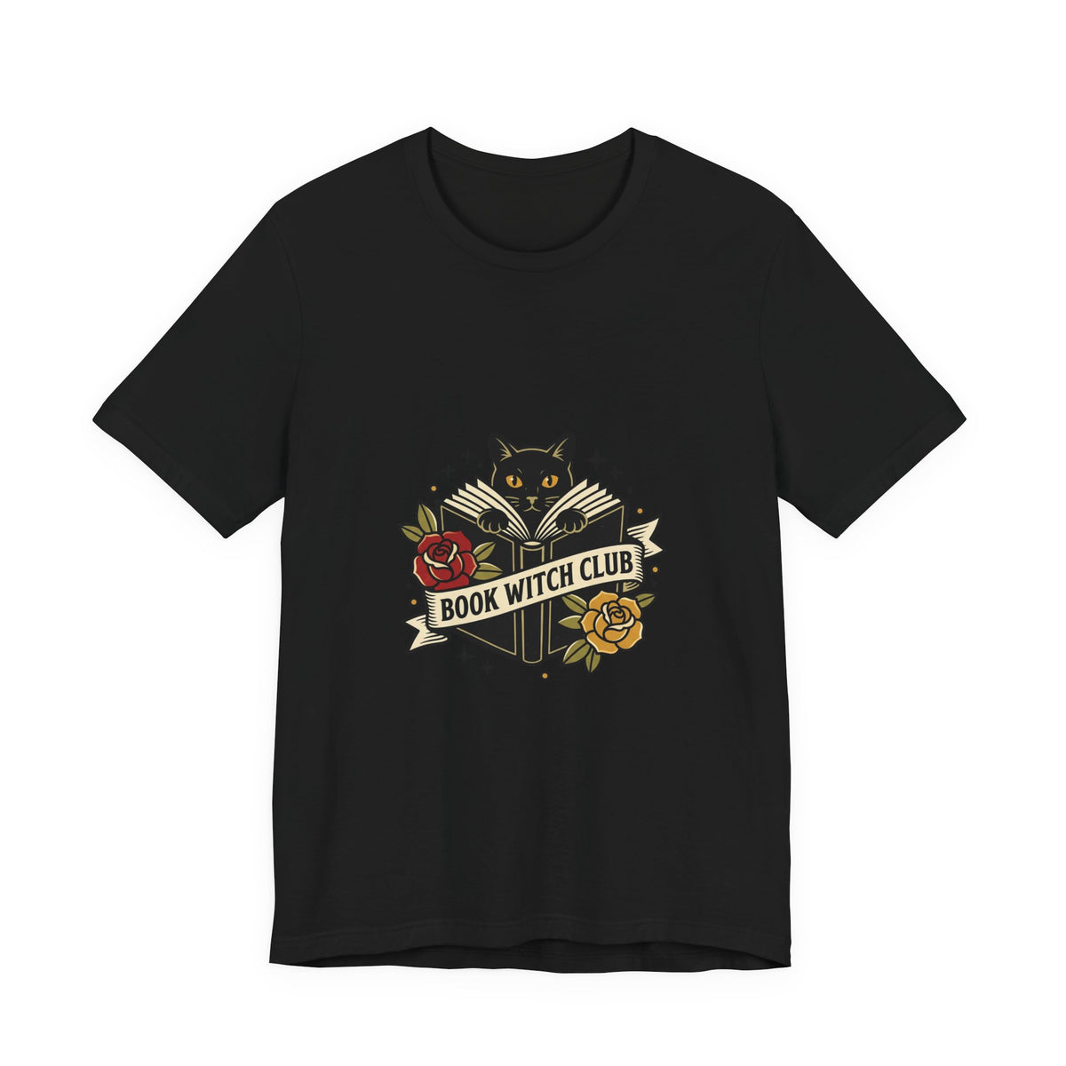 Book Witch Club tee | Traditional tattoo flash cat, roses, banner