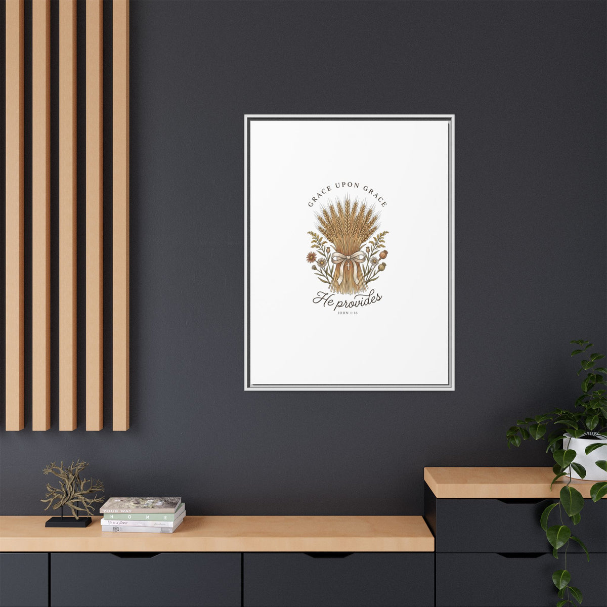 Framed Matte Canvas Wall Art — "He Provides" Wheat & Floral Religious Print