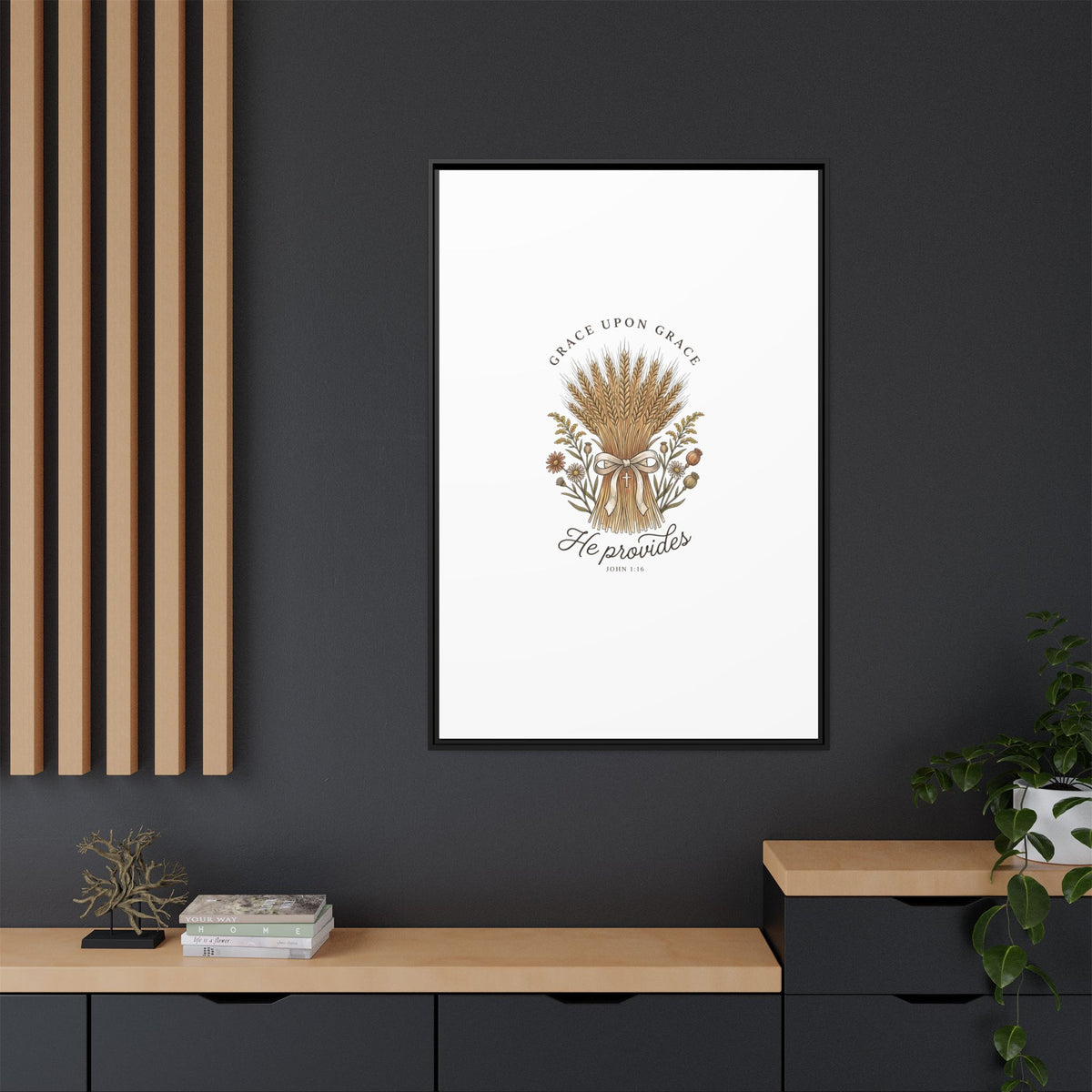 Framed Matte Canvas Wall Art — "He Provides" Wheat & Floral Religious Print