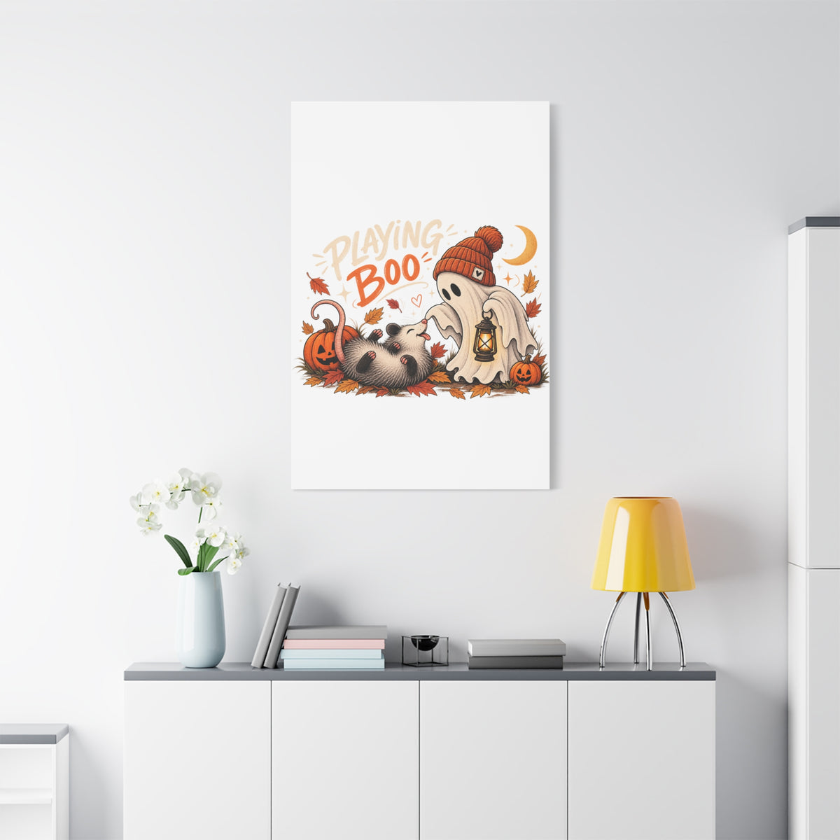Playing Boo Canvas Wall Art — Cute Halloween Ghost & Possum Matte Stretched Print