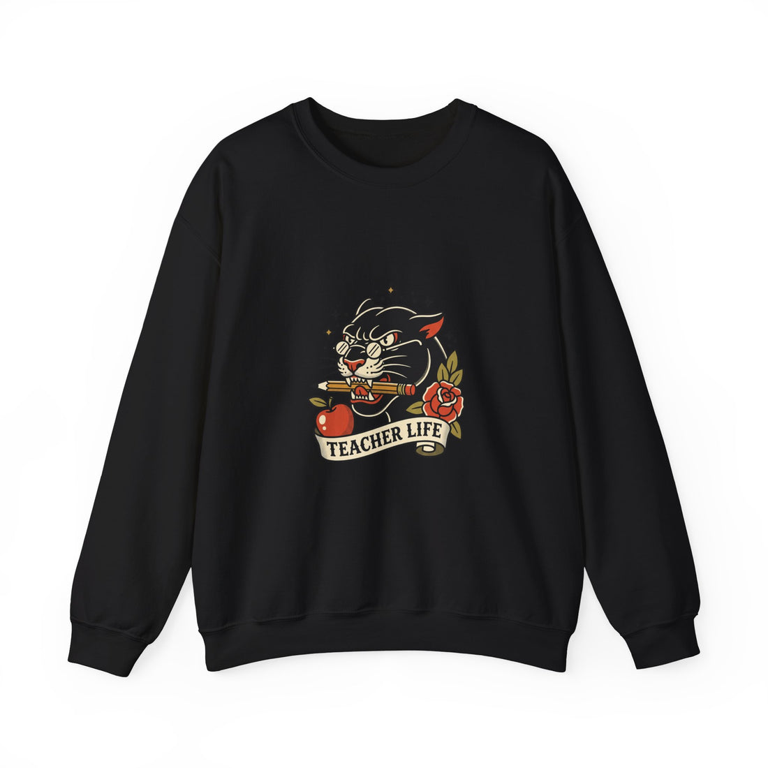Teacher Life Sweatshirt | Traditional Tattoo Cat, Banner & Roses