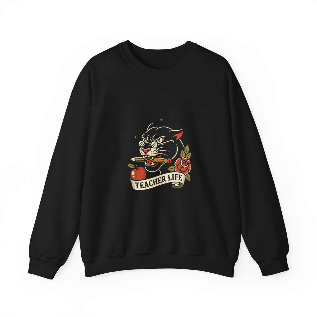 Teacher Life Sweatshirt | Traditional Tattoo Cat, Banner & Roses
