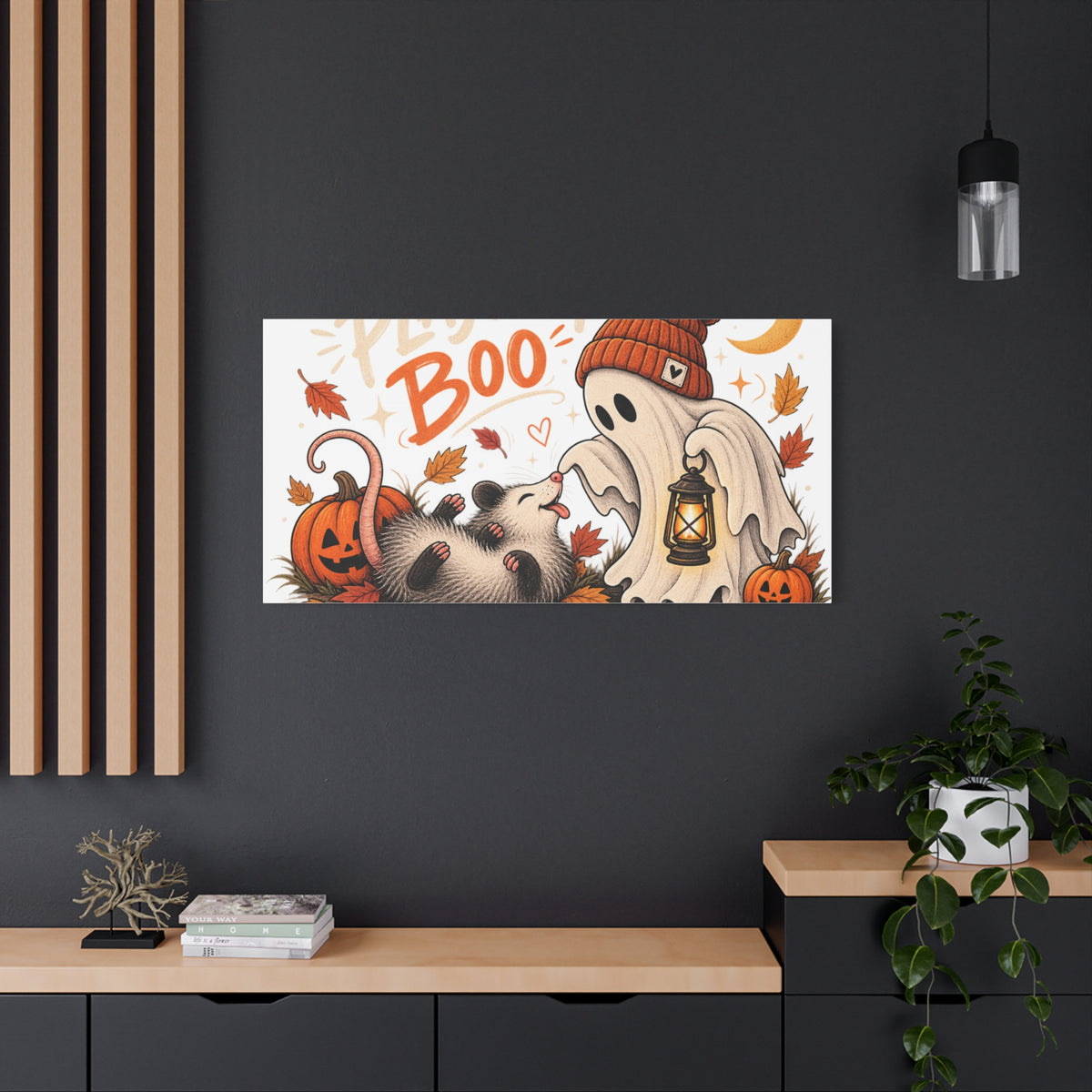 Playing Boo Canvas Wall Art — Cute Halloween Ghost & Possum Matte Stretched Print