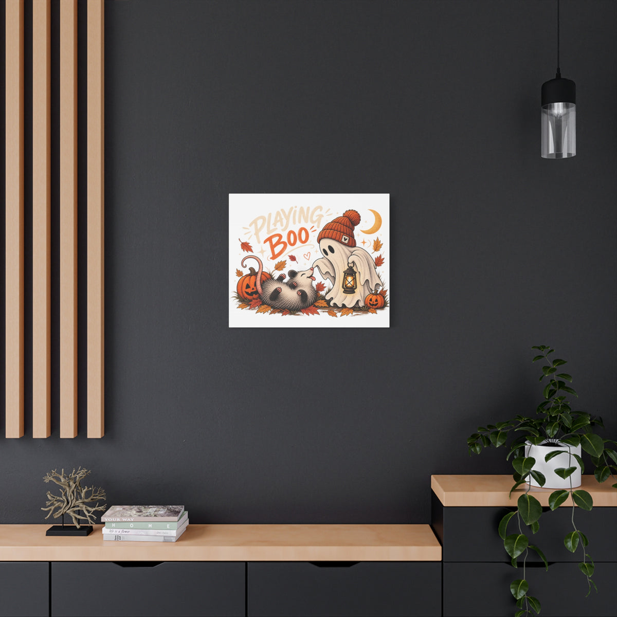 Playing Boo Canvas Wall Art — Cute Halloween Ghost & Possum Matte Stretched Print