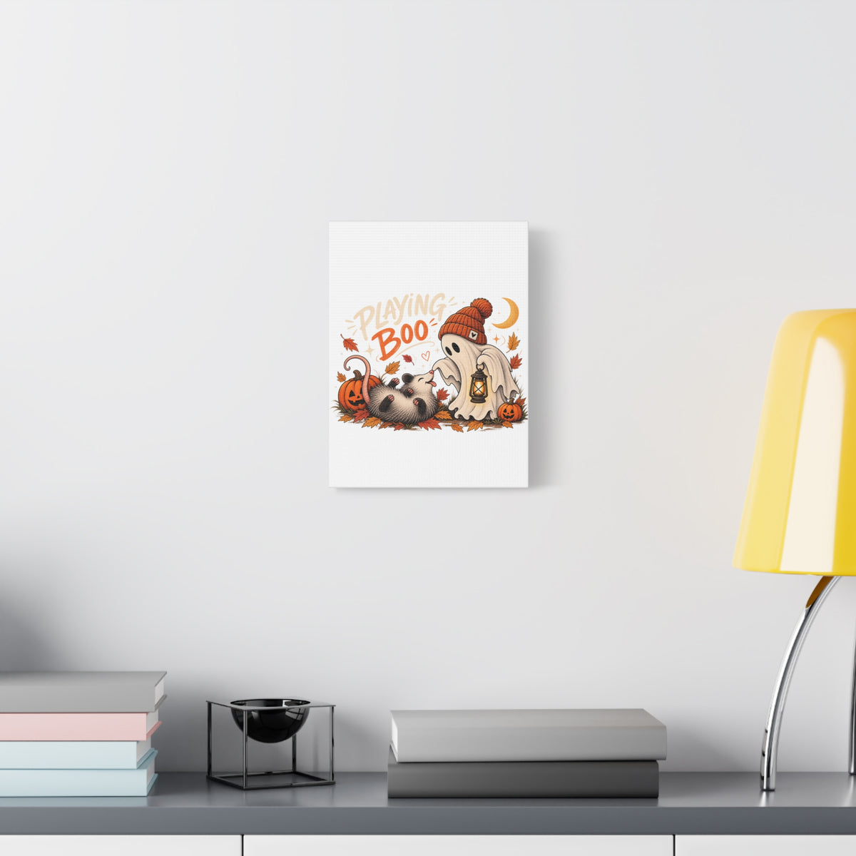 Playing Boo Canvas Wall Art — Cute Halloween Ghost & Possum Matte Stretched Print