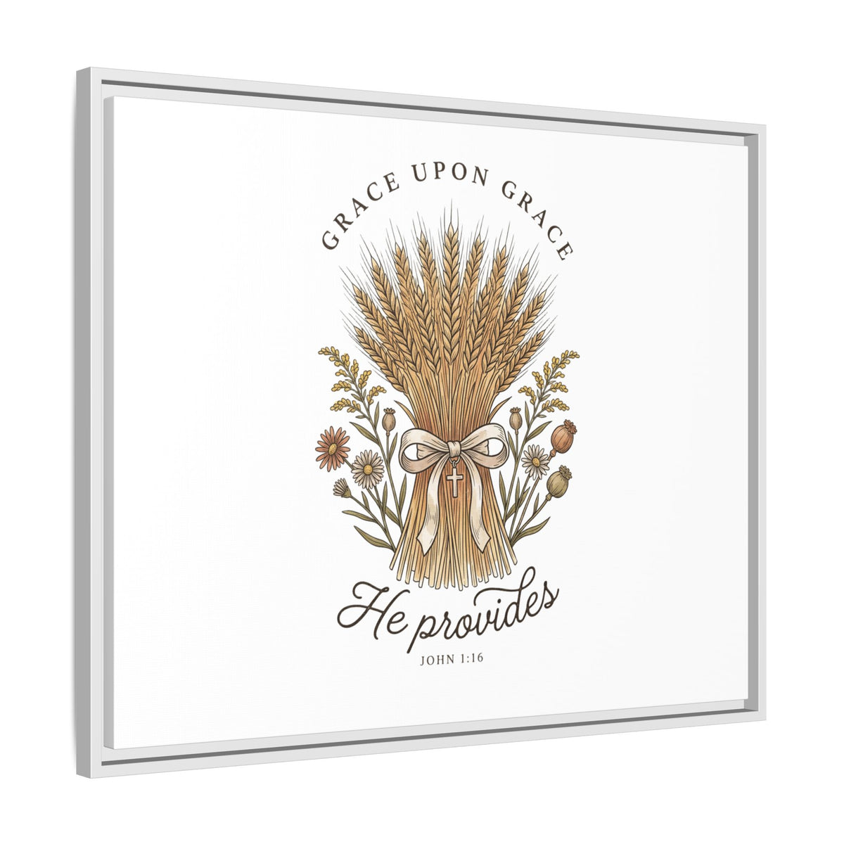 Framed Matte Canvas Wall Art — "He Provides" Wheat & Floral Religious Print