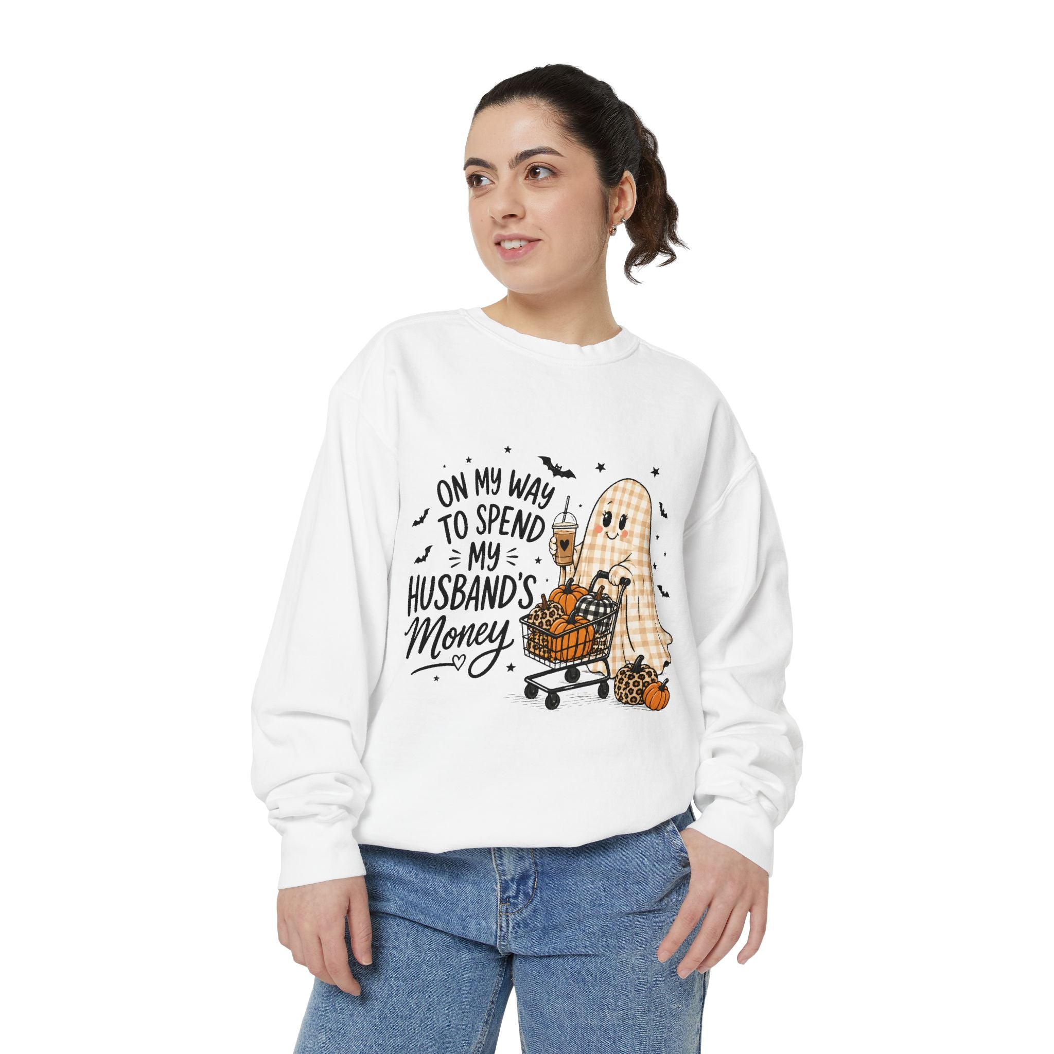 Halloween Ghost Sweatshirt — “On My Way to Spend My Husband’s Money” Cozy Pullover