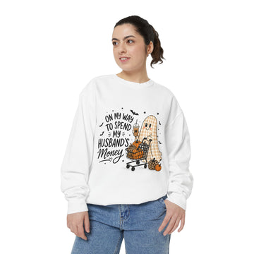 Halloween Ghost Sweatshirt — “On My Way to Spend My Husband’s Money” Cozy Pullover