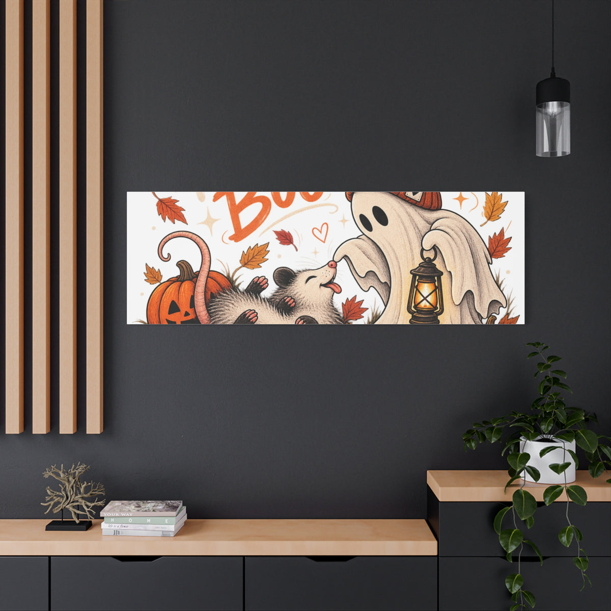 Playing Boo Canvas Wall Art — Cute Halloween Ghost & Possum Matte Stretched Print