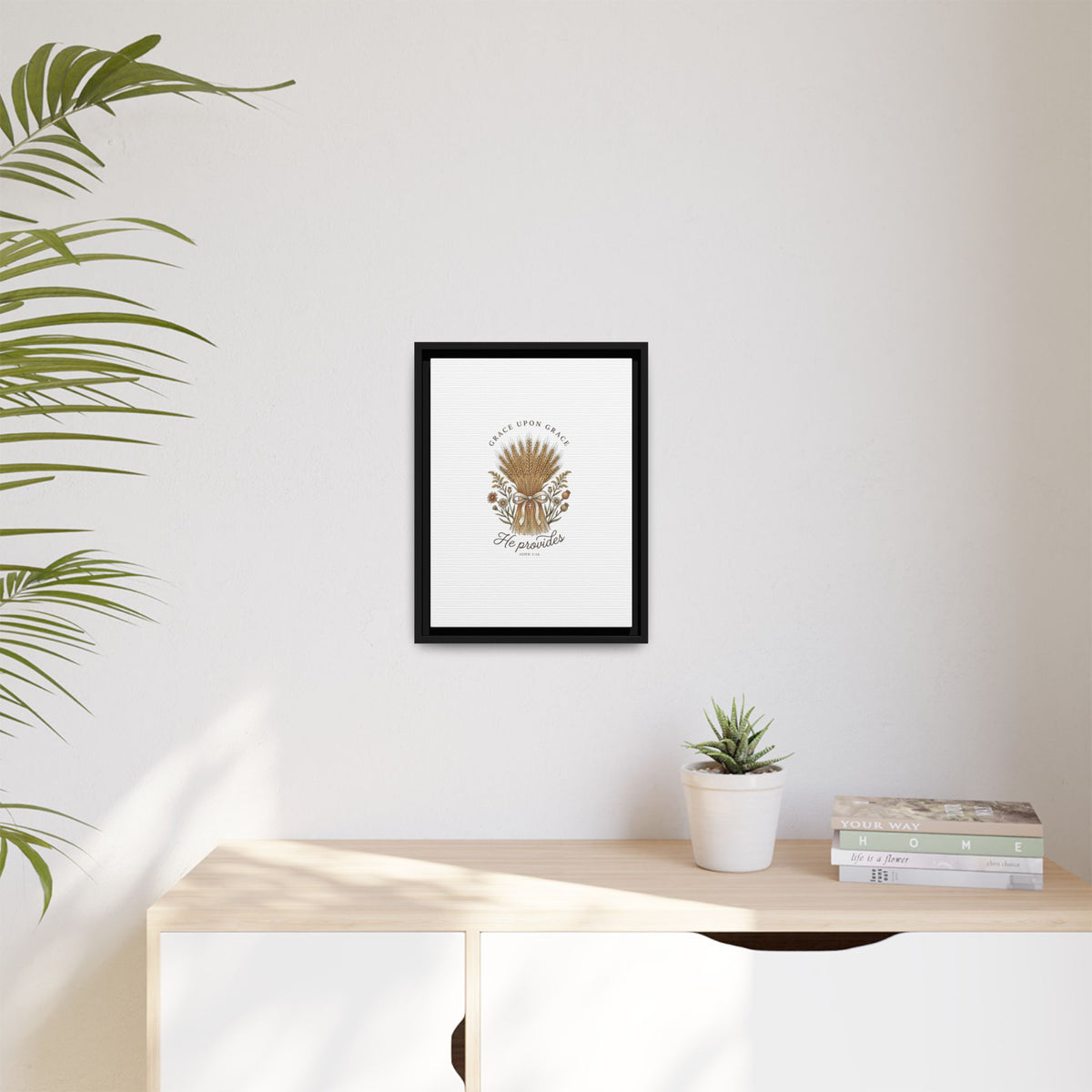 Framed Matte Canvas Wall Art — "He Provides" Wheat & Floral Religious Print