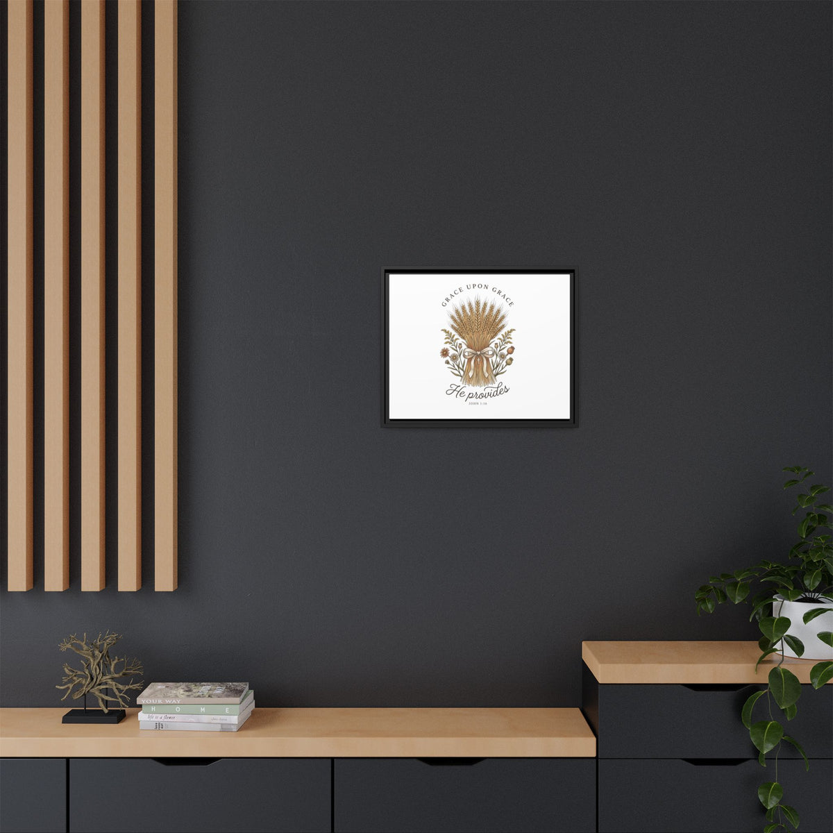 Framed Matte Canvas Wall Art — "He Provides" Wheat & Floral Religious Print