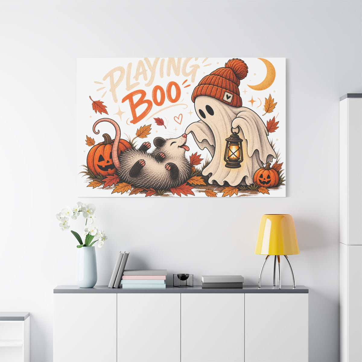Playing Boo Canvas Wall Art — Cute Halloween Ghost & Possum Matte Stretched Print