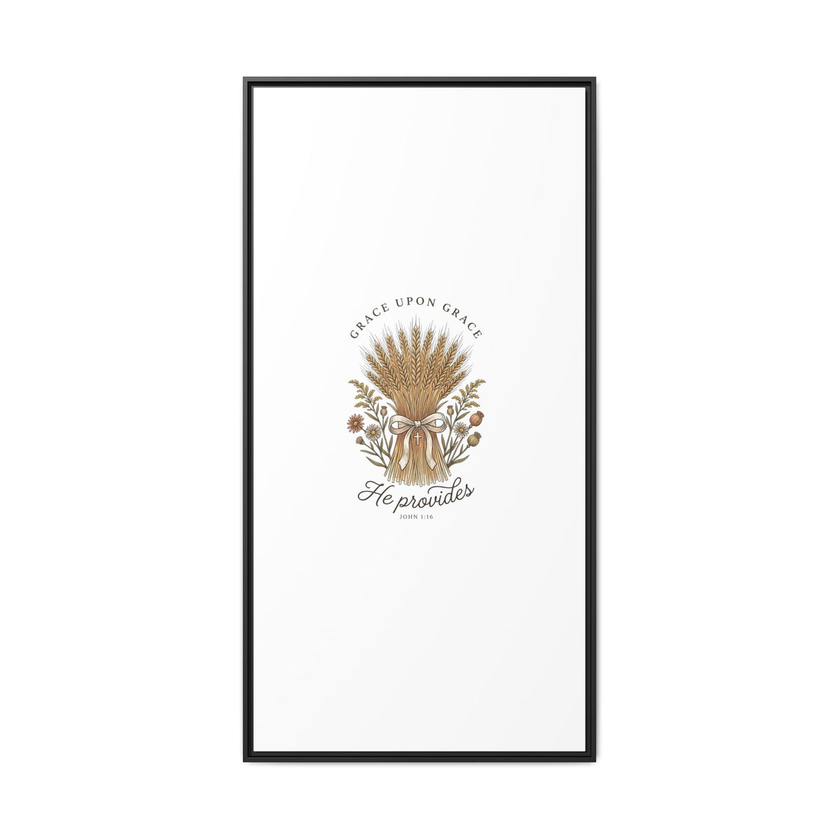 Framed Matte Canvas Wall Art — "He Provides" Wheat & Floral Religious Print