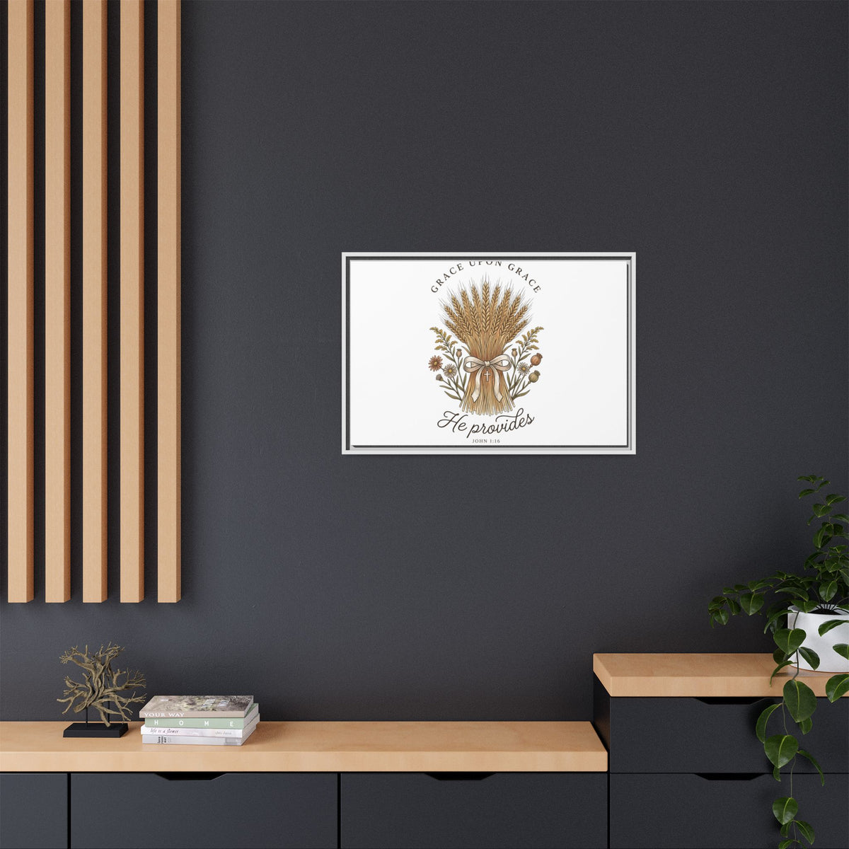Framed Matte Canvas Wall Art — "He Provides" Wheat & Floral Religious Print