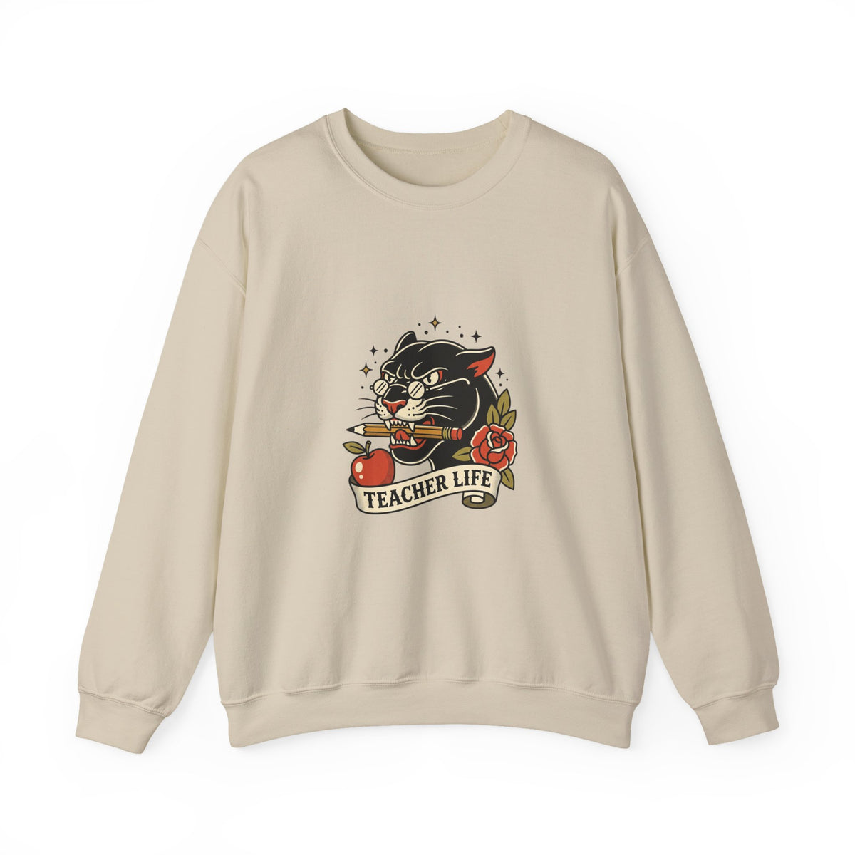 Teacher Life Sweatshirt | Traditional Tattoo Cat, Banner & Roses