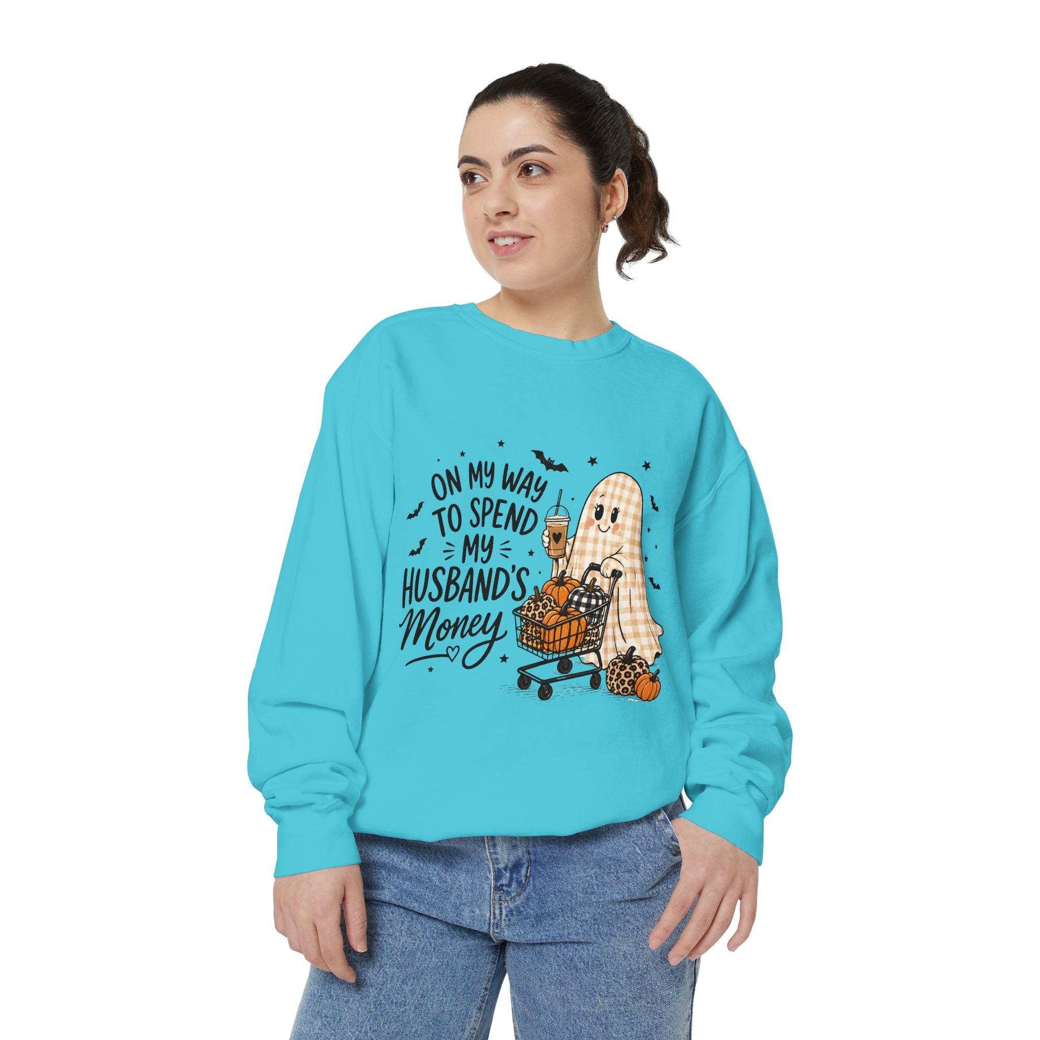 Halloween Ghost Sweatshirt — “On My Way to Spend My Husband’s Money” Cozy Pullover