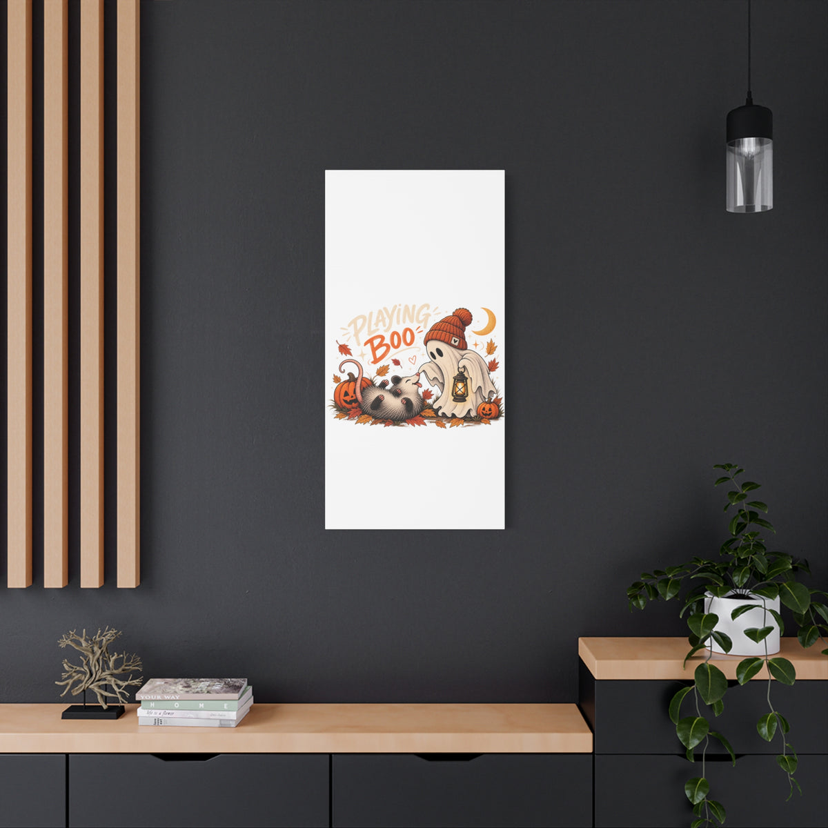 Playing Boo Canvas Wall Art — Cute Halloween Ghost & Possum Matte Stretched Print