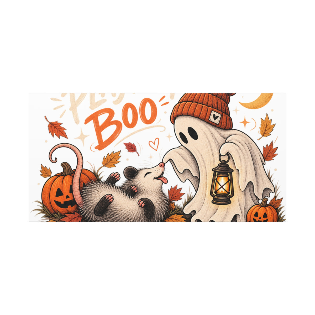 Playing Boo Canvas Wall Art — Cute Halloween Ghost & Possum Matte Stretched Print