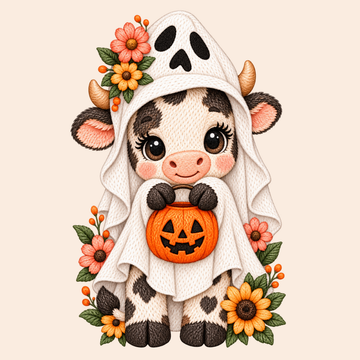 Cute Halloween Cow Ghost with Pumpkin Floral Embroidery Design