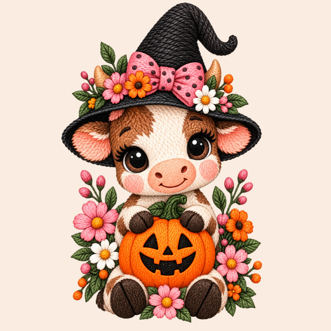 Cute Fall Cow with Pumpkin Sunflowers and Autumn Floral Embroidery Design