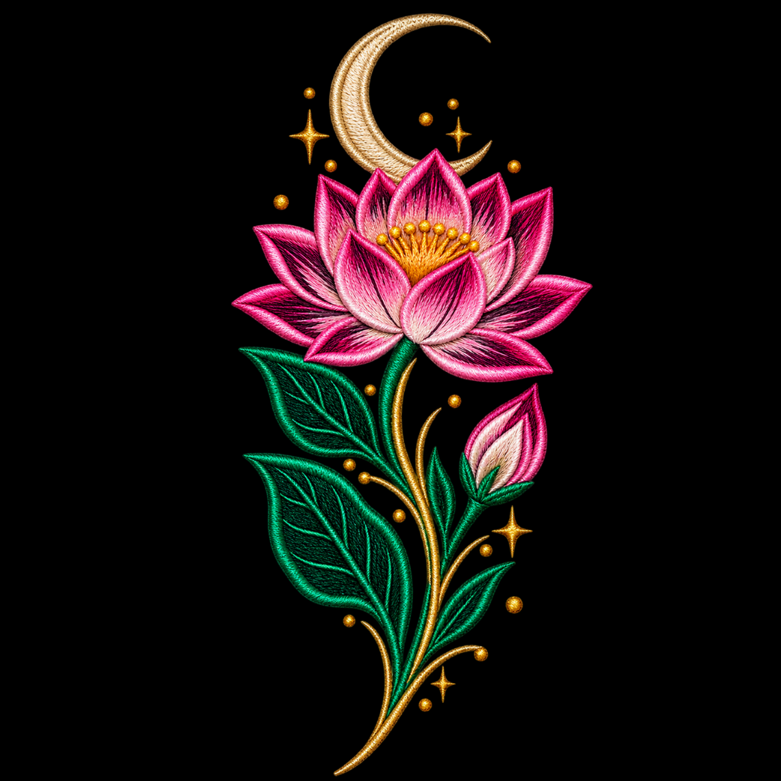 Mystical Lotus Embroidery Design | Moon & Floral Pattern