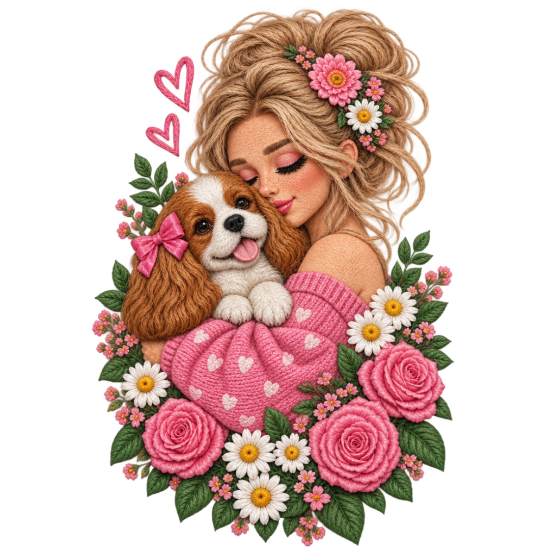 Girl Hugging Cavalier King Charles Spaniel with Pink Roses Embroidery Design