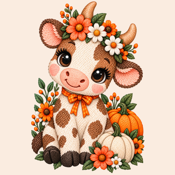Cute Fall Cow with Pumpkins Sunflowers and Floral Embroidery Design