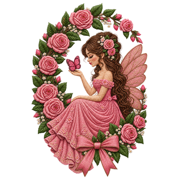 Pink Rose Fairy with Butterfly and Floral Wreath Embroidery Design
