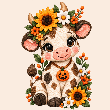 Cute Witch Cow with Pumpkin and Pink Floral Halloween Embroidery Design