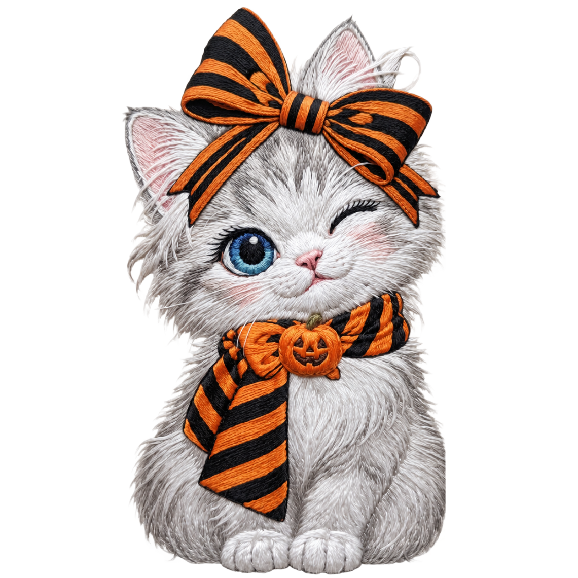 Cute Halloween White Cat with Pumpkin Tiger Bow Embroidery Design