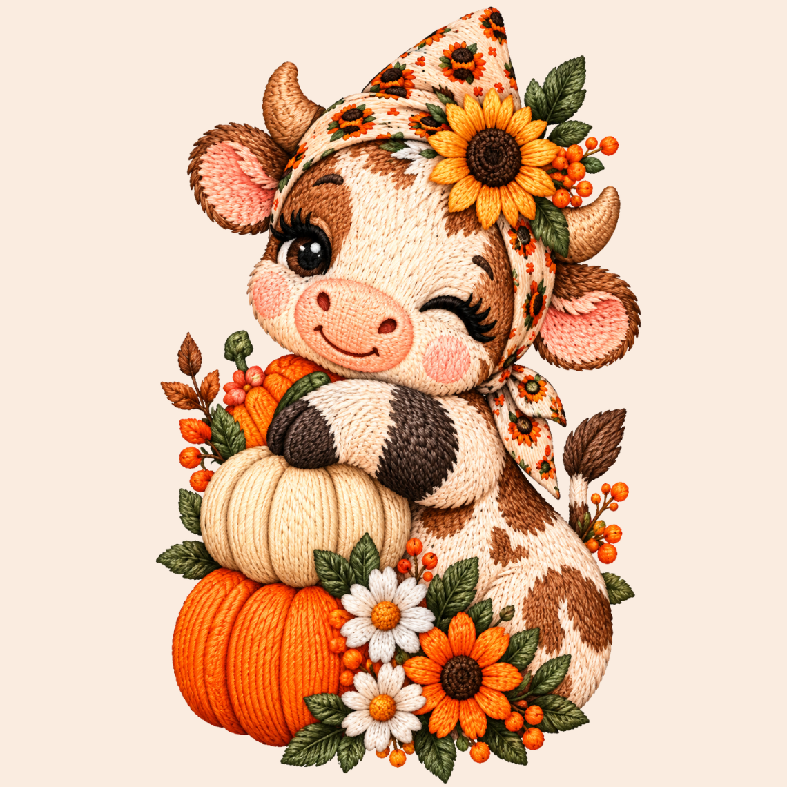 Cute Fall Cow with Pumpkins and Sunflower Floral Embroidery Design