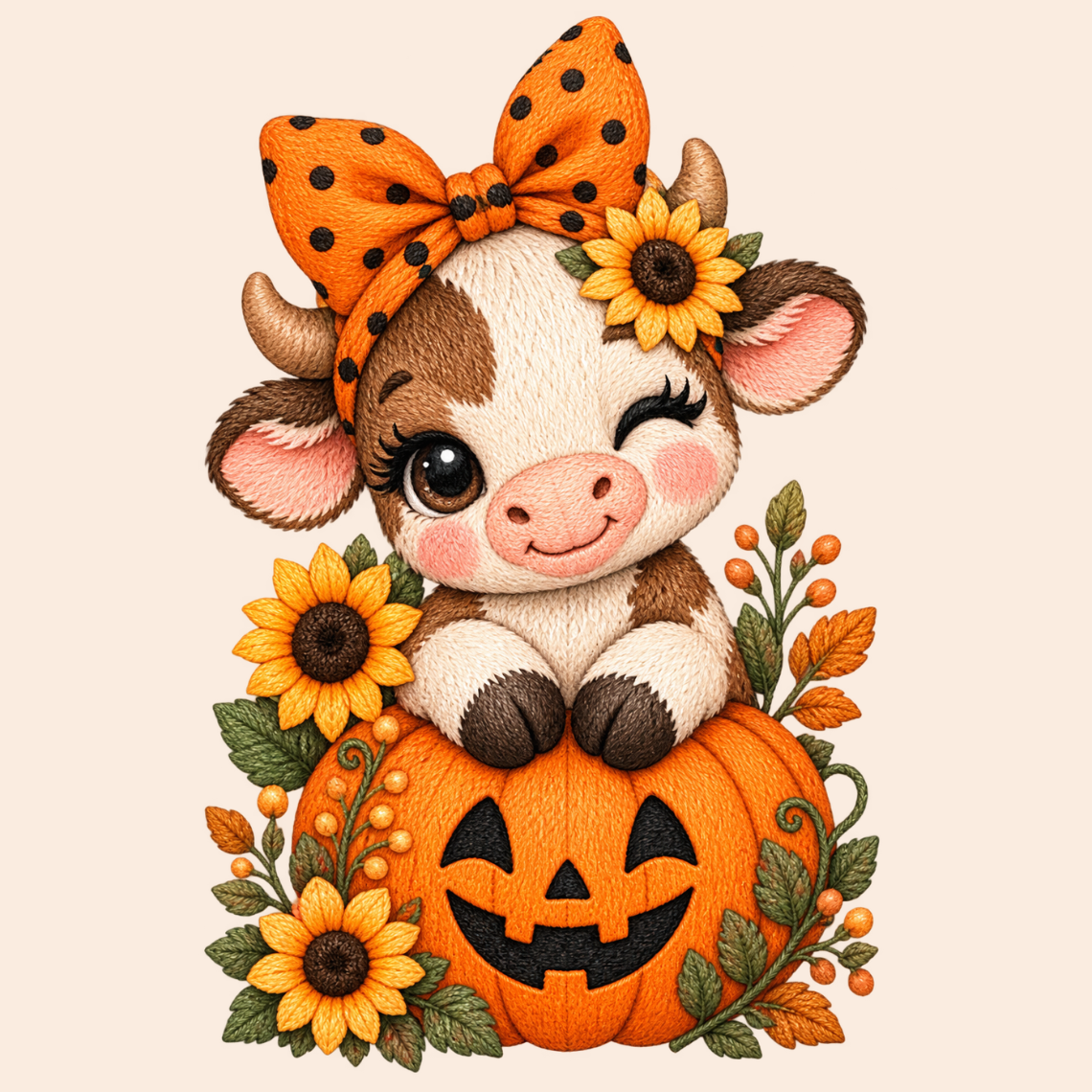 Cute Fall Cow with Sunflower Crown and Pumpkin Embroidery Design